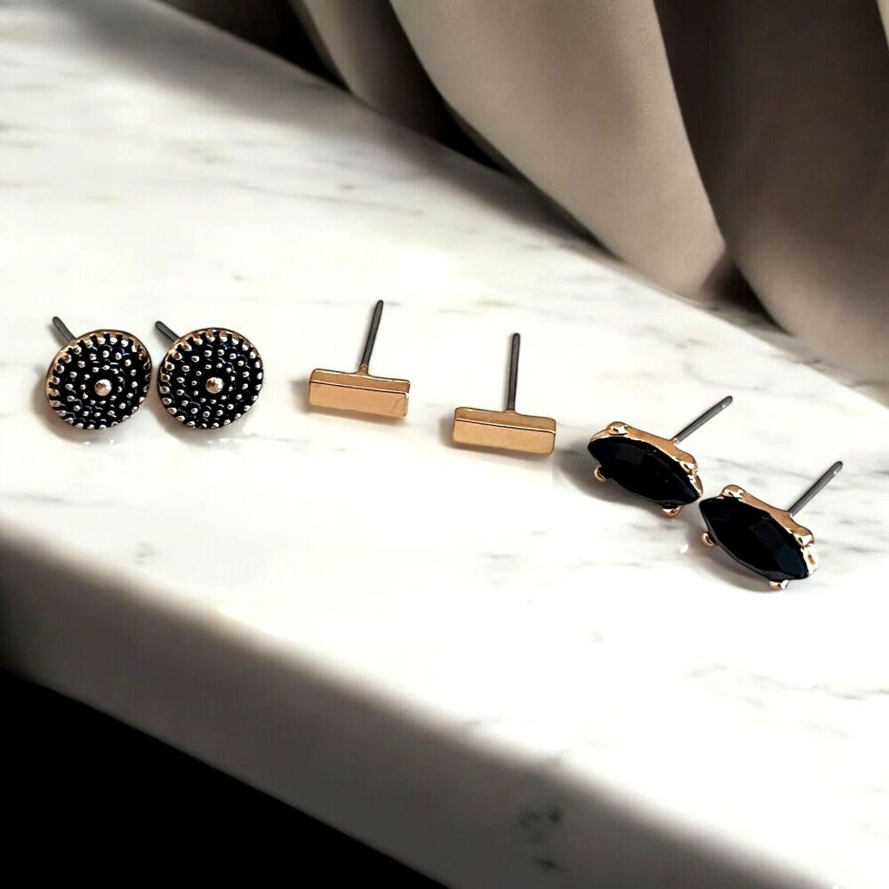 New Gold Tone Stud Earring Set 3 Bar Black Crystal - 12R